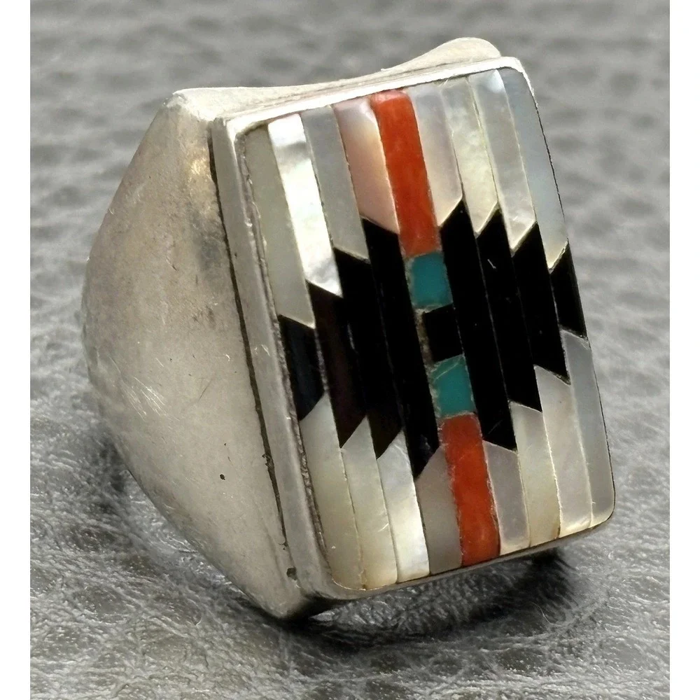 Huge Chunky Southwestern Sterling Silver Inlay Ring Turquoise Coral Black Onyx 9
